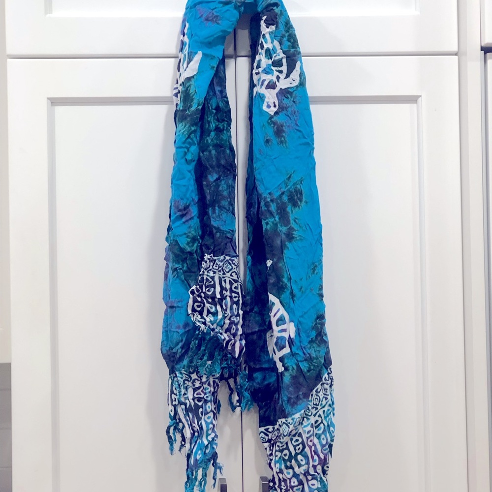 Turtle print tie dye scarf Turquoise, purple, green, color way with a fringe